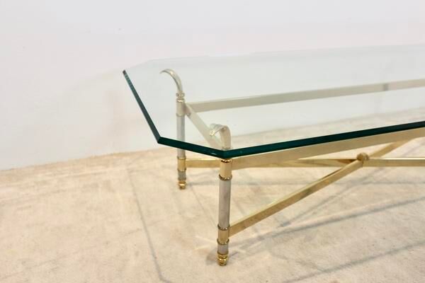 Table basse en laiton, chrome et verre, France 1970