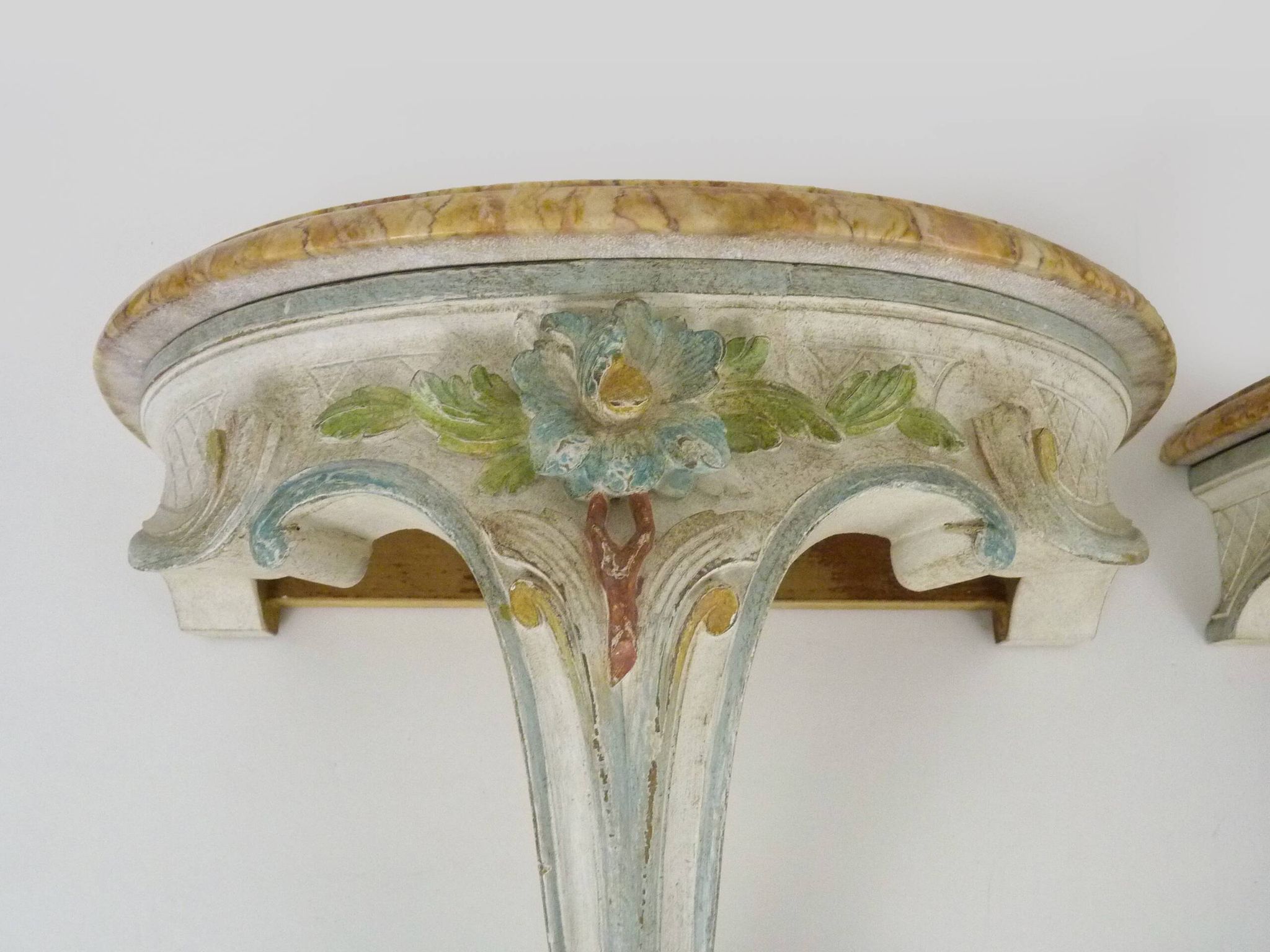 Pair of wall consoles Maison Jean Mocque in Paris in Louis XV style in lacquered polychrome wood