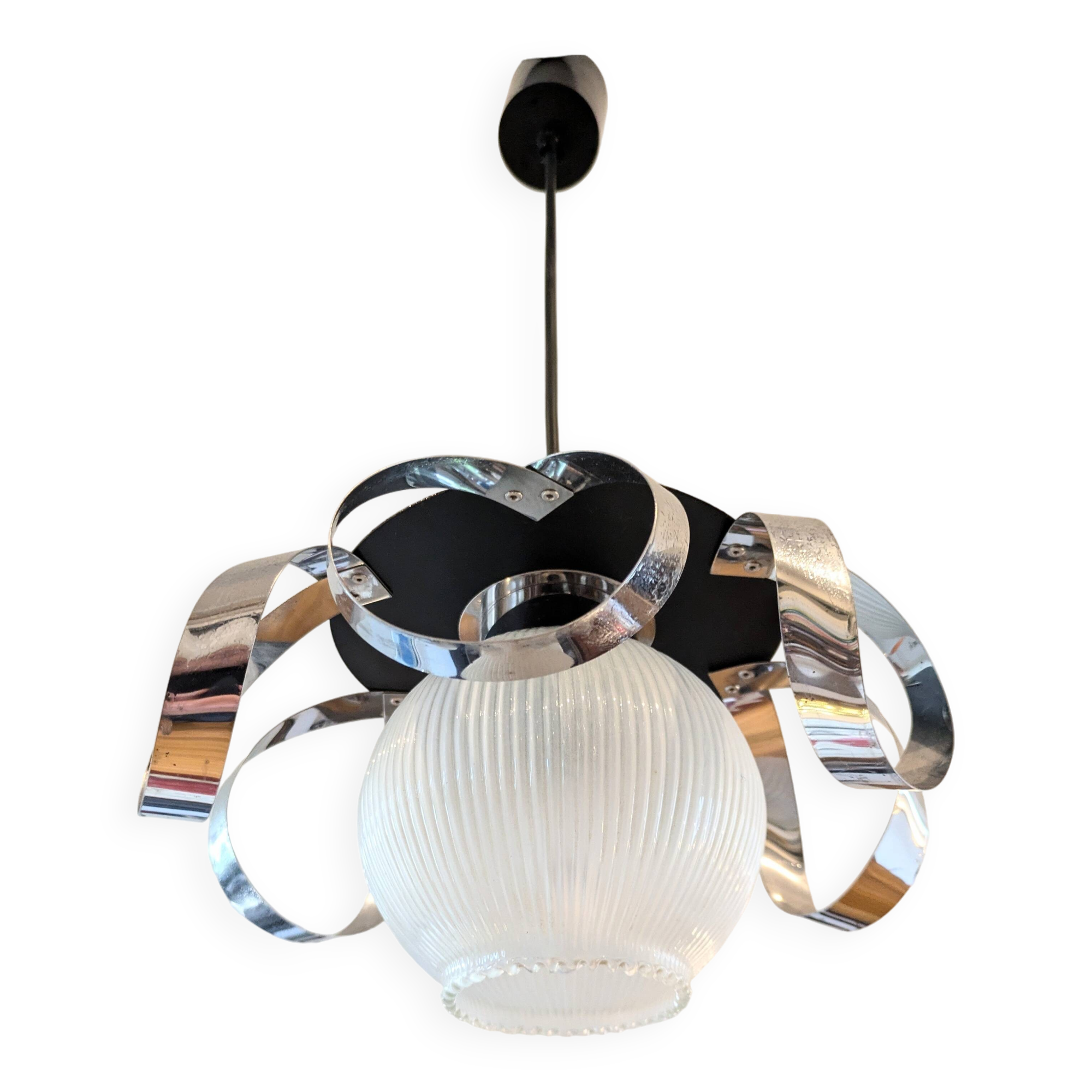 Space Age stainless steel and glass pendant light from the 70s
