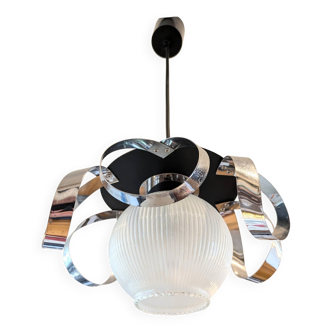 Suspension space age en inox et verre, années 70