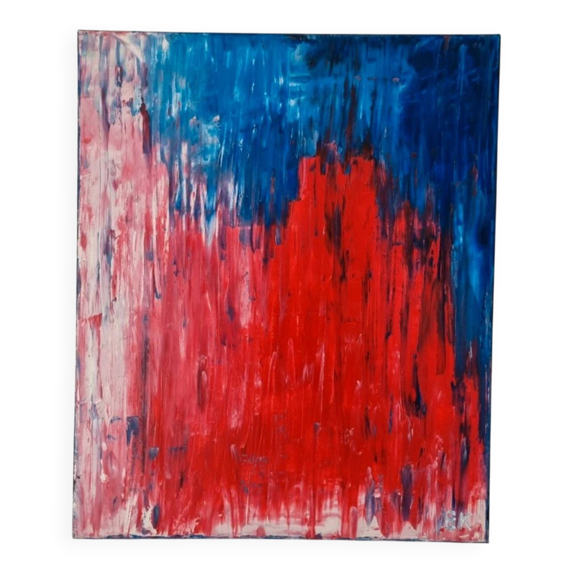 Abstract table red blue pink 46x38 cm painting signed