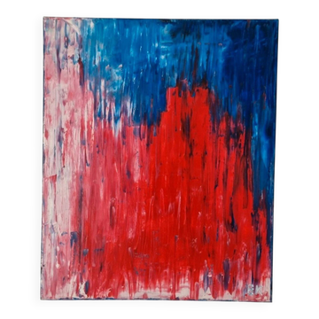 Tableau abstrait rouge bleu rose 46x38 cm peinture signé
