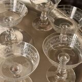Baccarat, set of 10 engraved crystal champagne glasses from 1900.