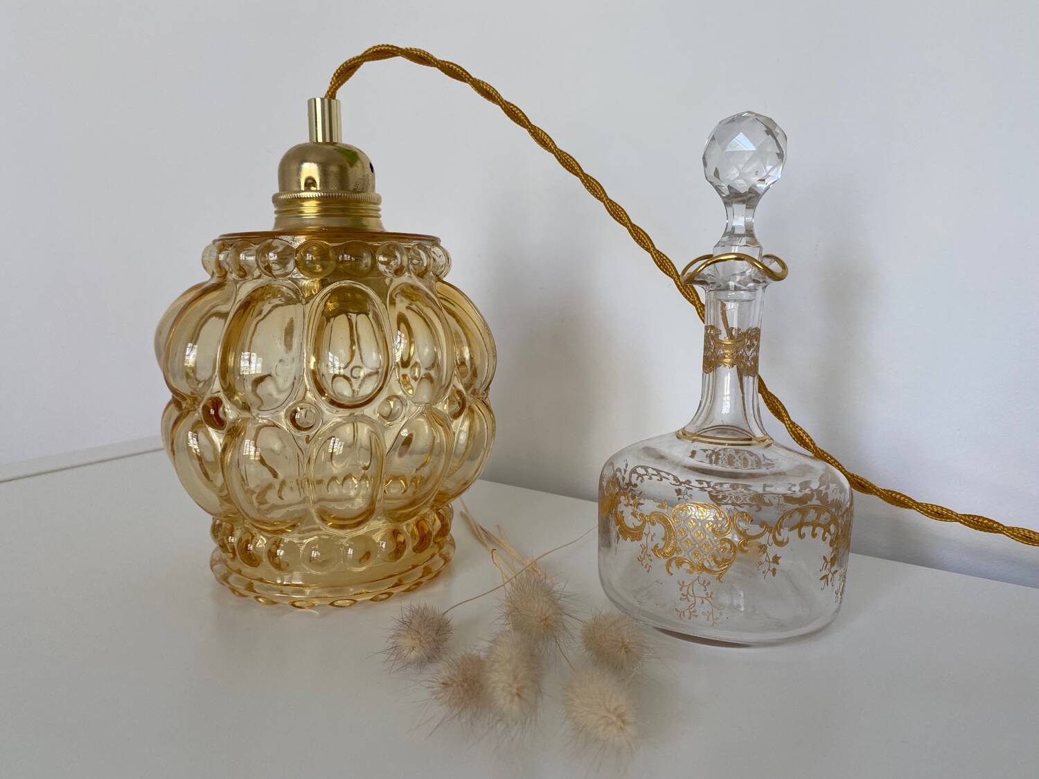 Walking lamp (or pendant light) with vintage amber glass globe