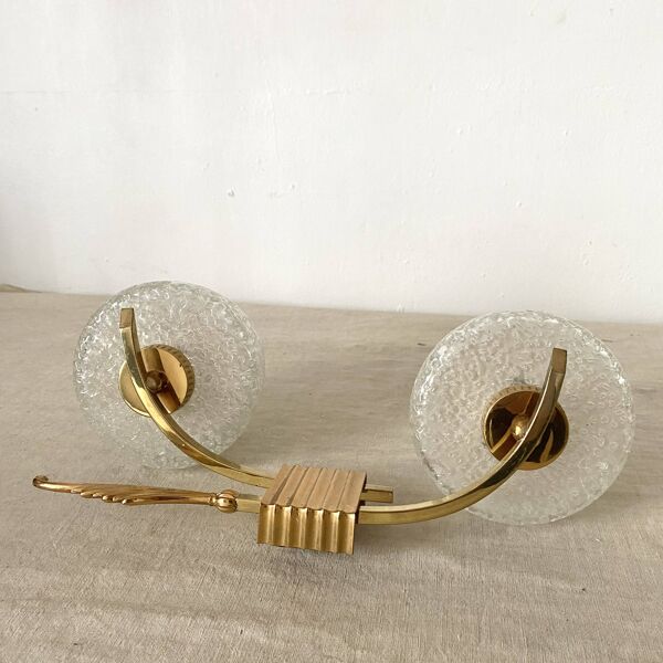 Applique double métal doré et verre bullé, design italien années 60