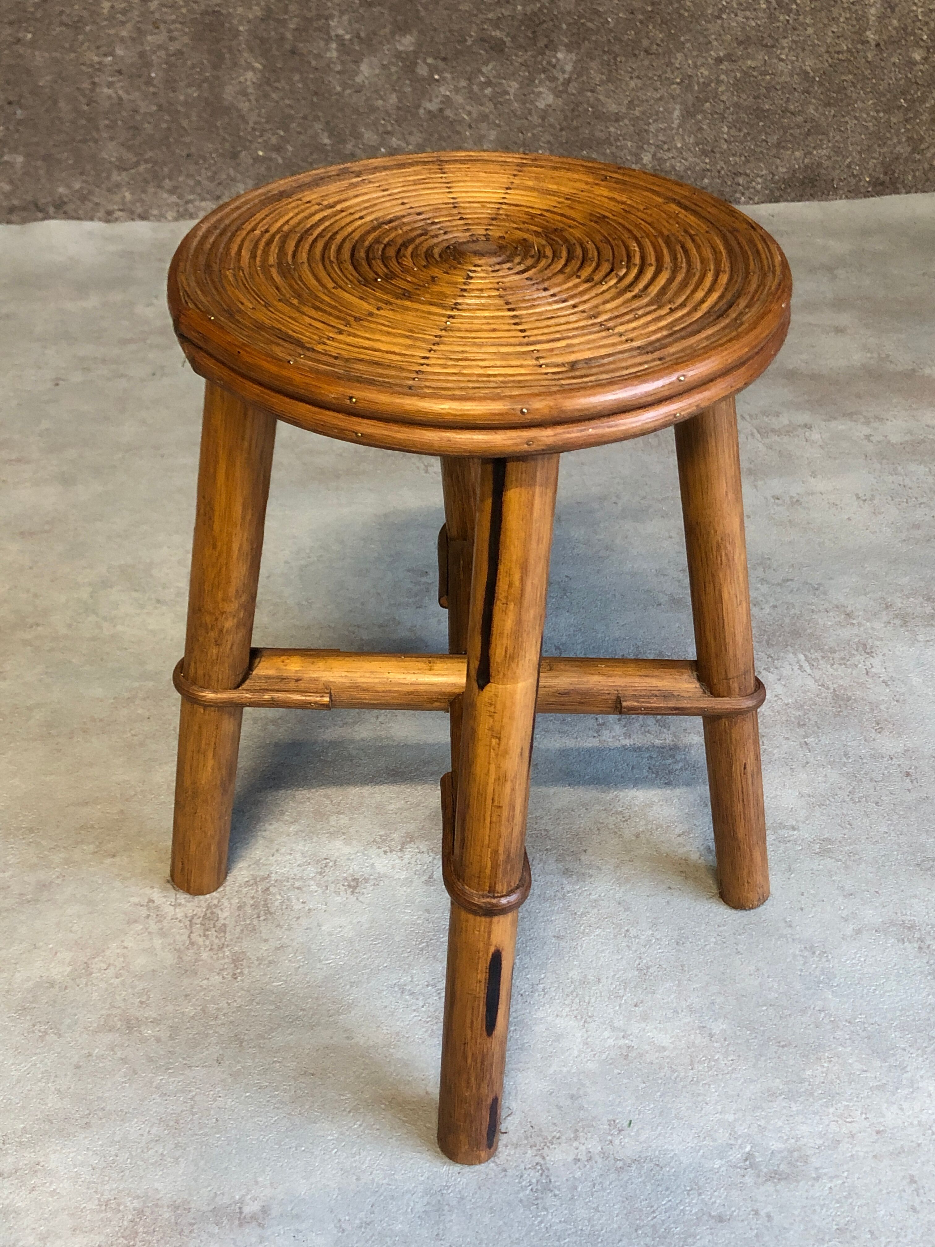 Vintage round rattan bamboo stool