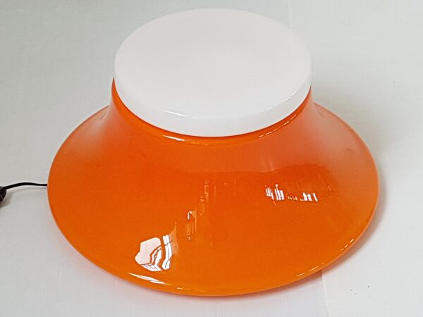 Lampe de table en verre opaline blanc & orange 1970 vintage
