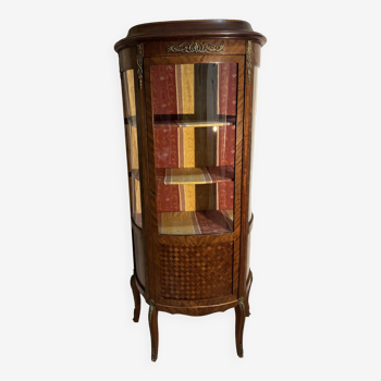Curved inlaid display case, half-moon shape, checkerboard marquetry