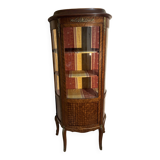Curved marquetry display case, half-moon shape, checkerboard marquetry