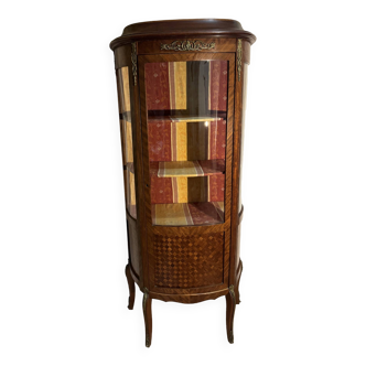 Curved inlaid display case, half-moon shape, checkerboard marquetry