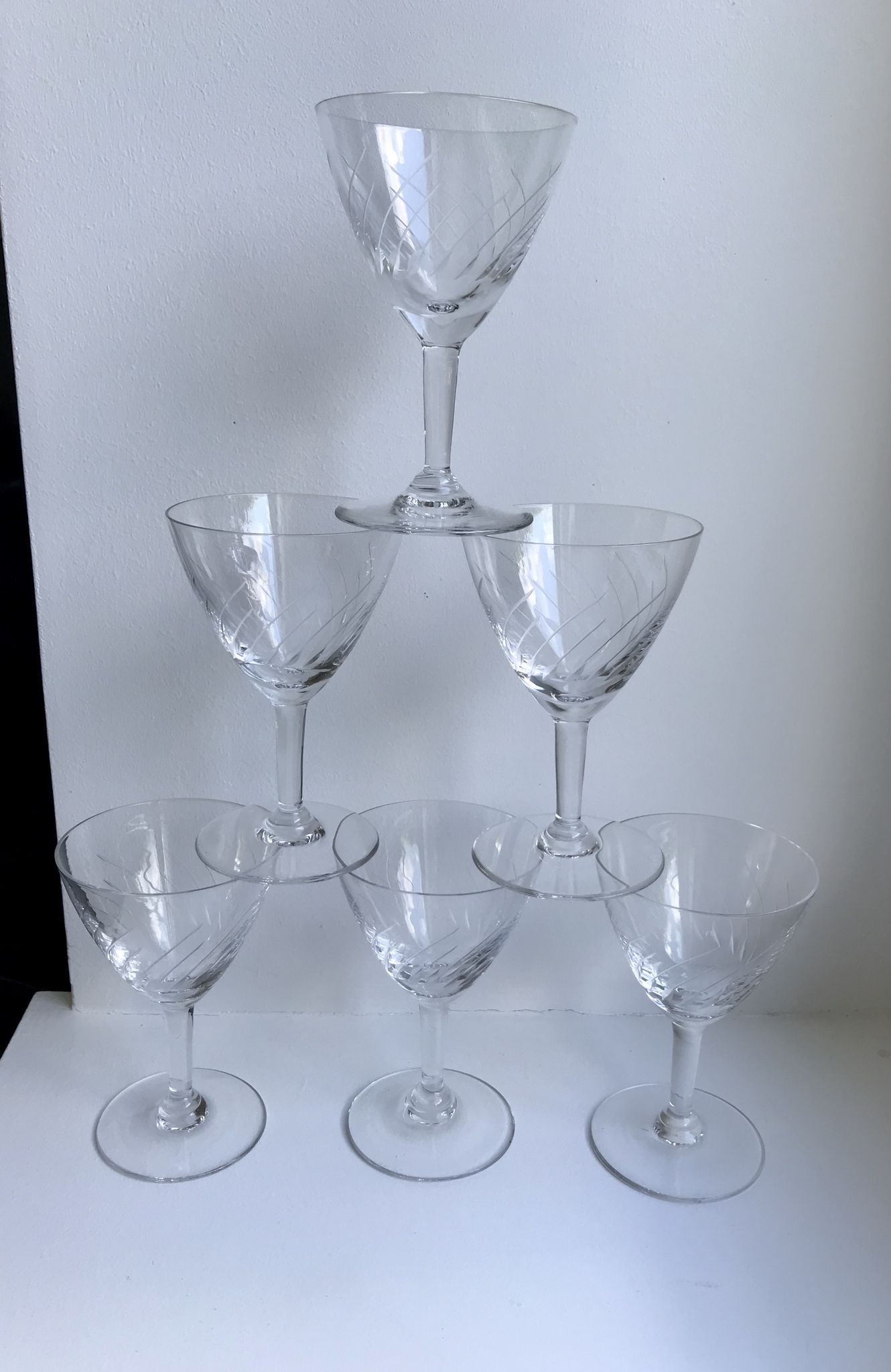 Lot 6 crystal wine glasses engraved 50s