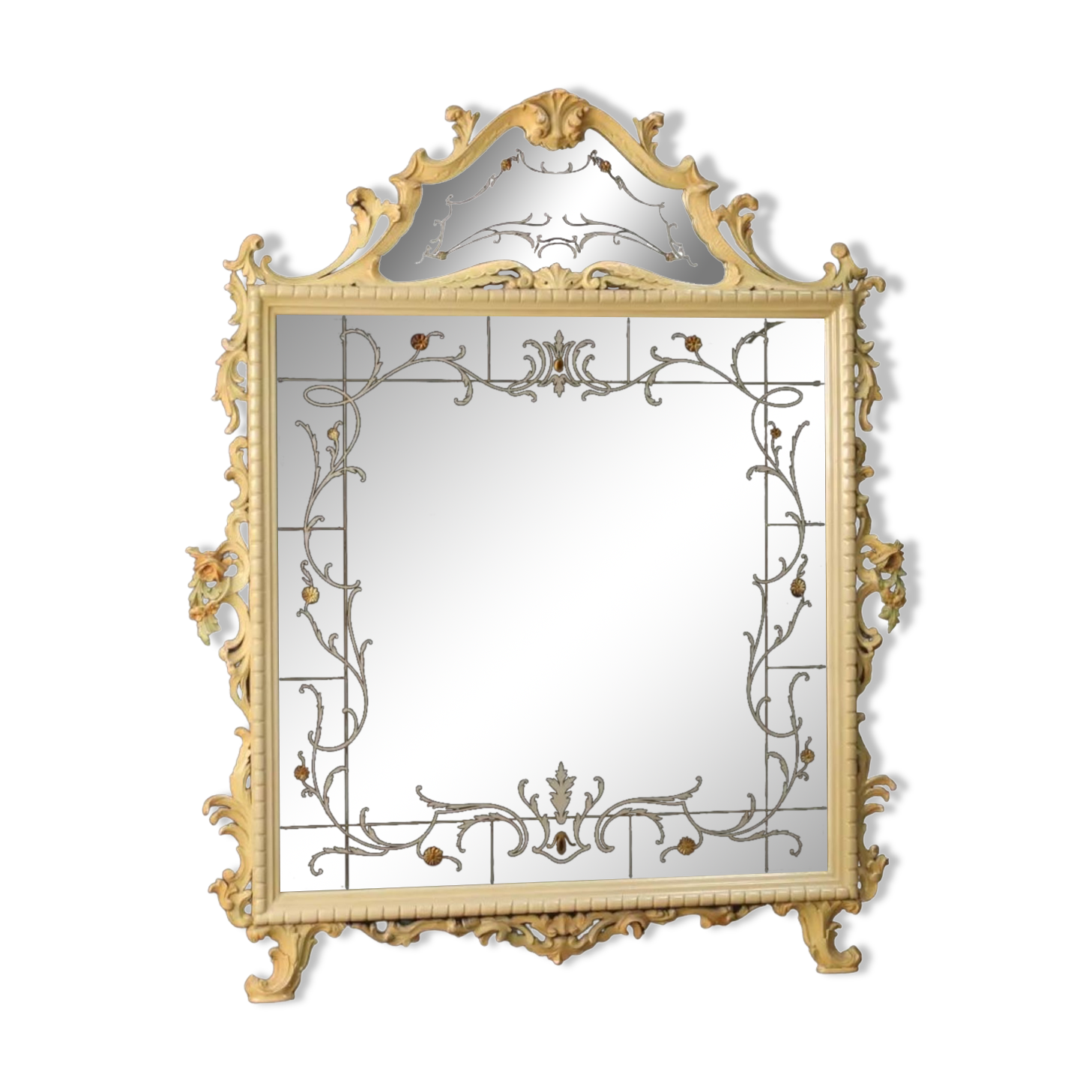 Italian lacquered mirror with floral decorations from 20th century