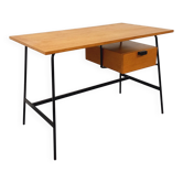 Bureau moderniste vintage Pierre Paulin en bois de chêne et métal noir