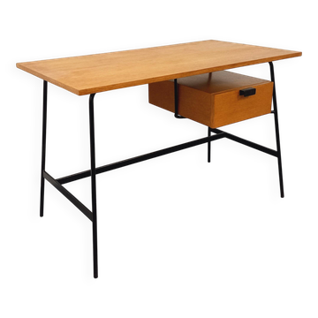 Pierre Paulin vintage modernist desk in oak wood and black metal
