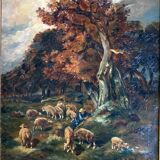 Old painting - The shepherd and his sheep - gilded frame
