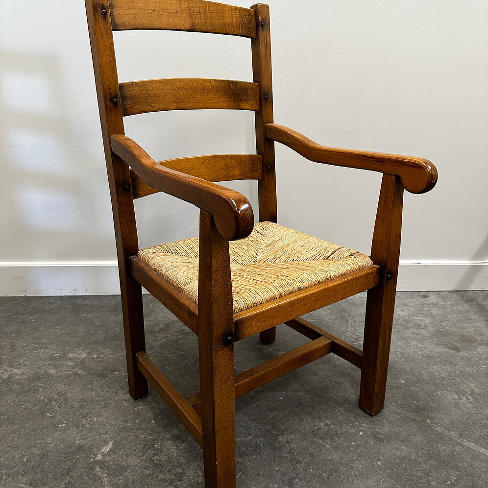 Set of 5 large French oak dining armchairs with rush seats, 1970s