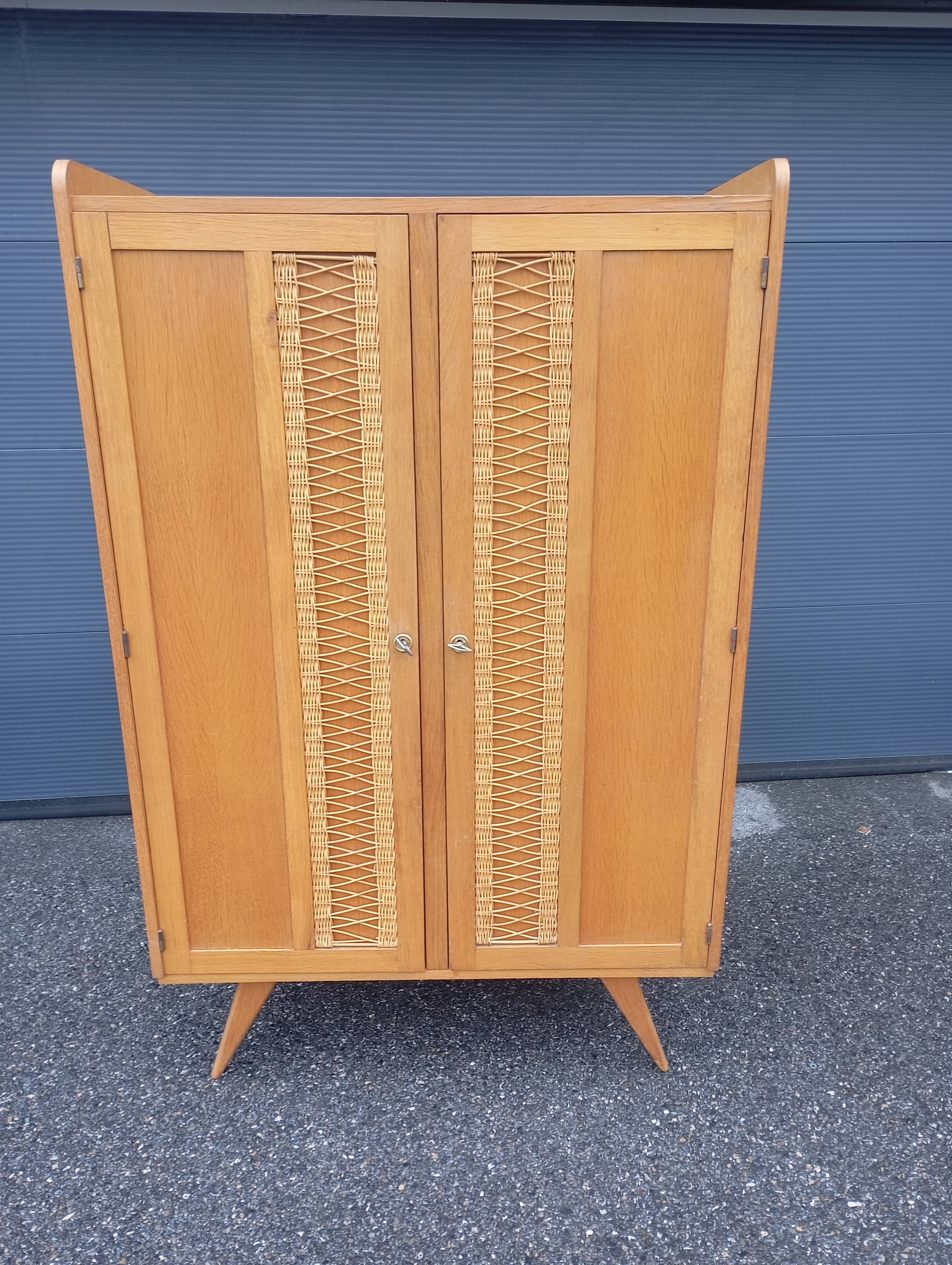 Vintage oak and rattan wardrobe