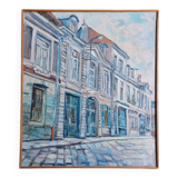 Tableau signé représentant une rue pavée du vieux Lille