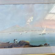 Gouache ancienne représentant une vue classique et animée de la bai