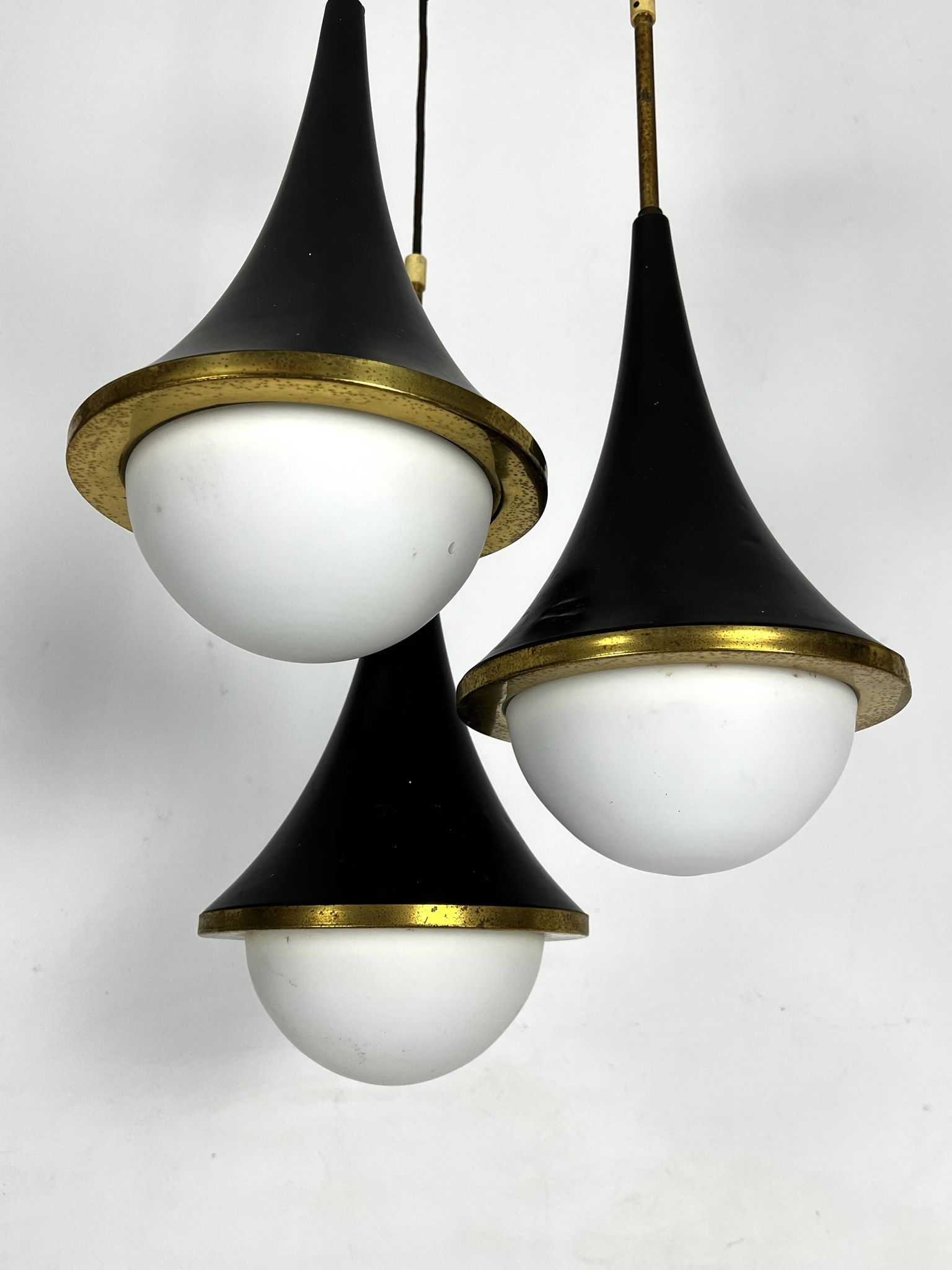 Mis-Century Stilnovo style pendant with three lights. Italy 1950s
