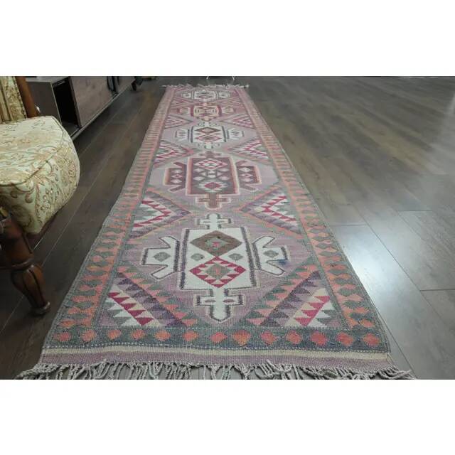 1970s Vintage Turkish Oushak Handmade Wool Cotton Purple Runner Rug 97x385