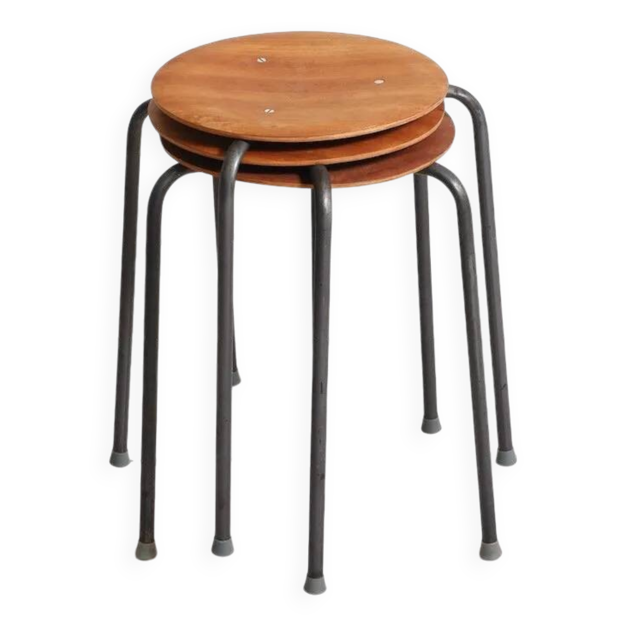 Stackable 3-legged stools in teak / metal