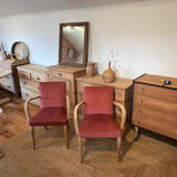 Paire de fauteuils bridge vintage en bois massif brut et vieux rose