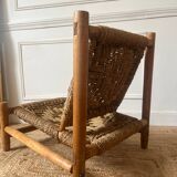 Fauteuil bas en bois et corde années 50