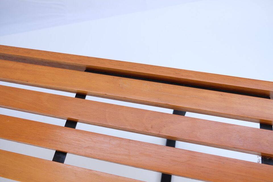 Bench in 60s-70s style, slatted bench, low seat, retro vintage style from the 60s-70s.