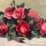 Peinture ancienne huile sur bois ovale jetée de roses années 30