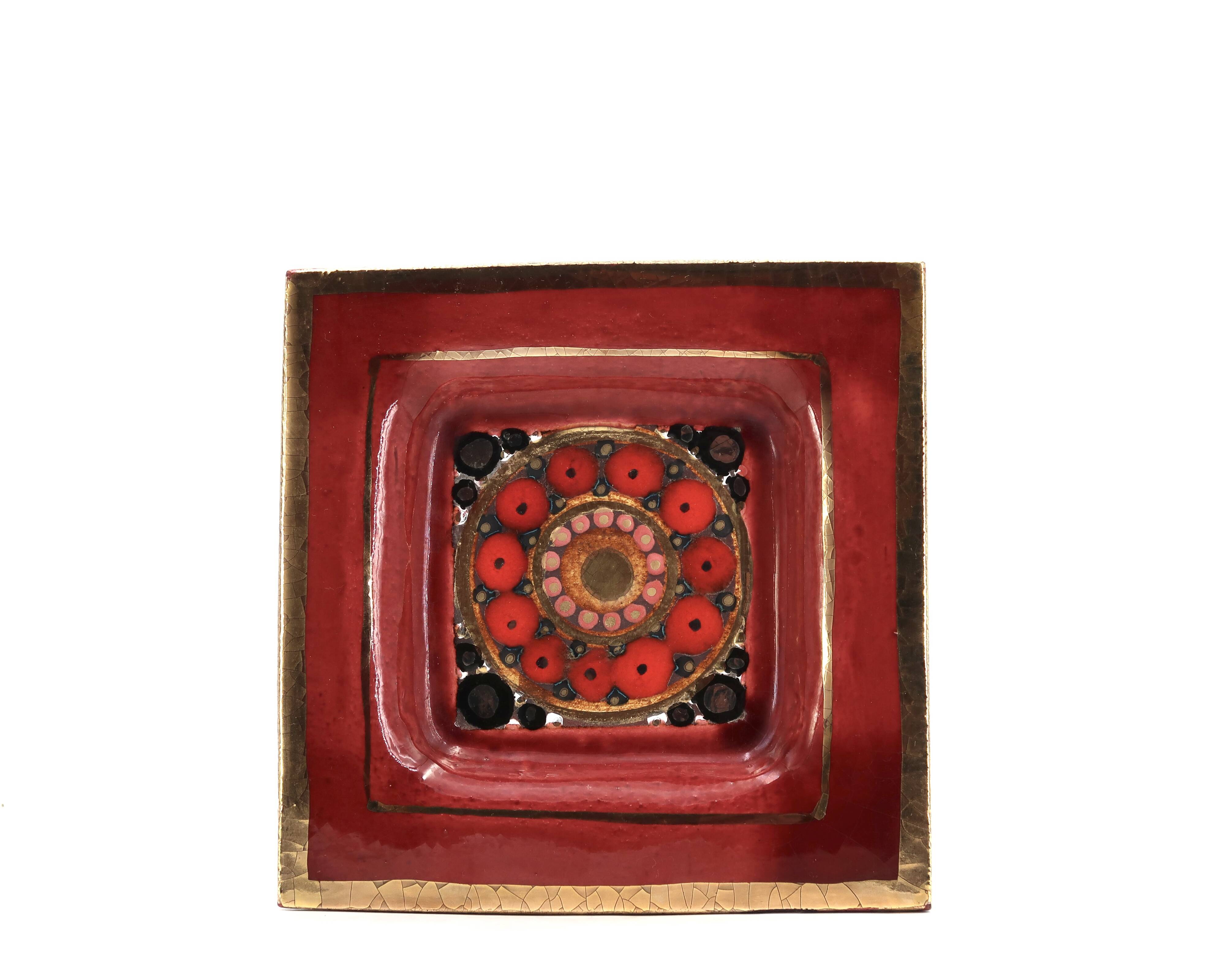 Georges Pelletier red and gold square ceramic pocket emptier, 1970s