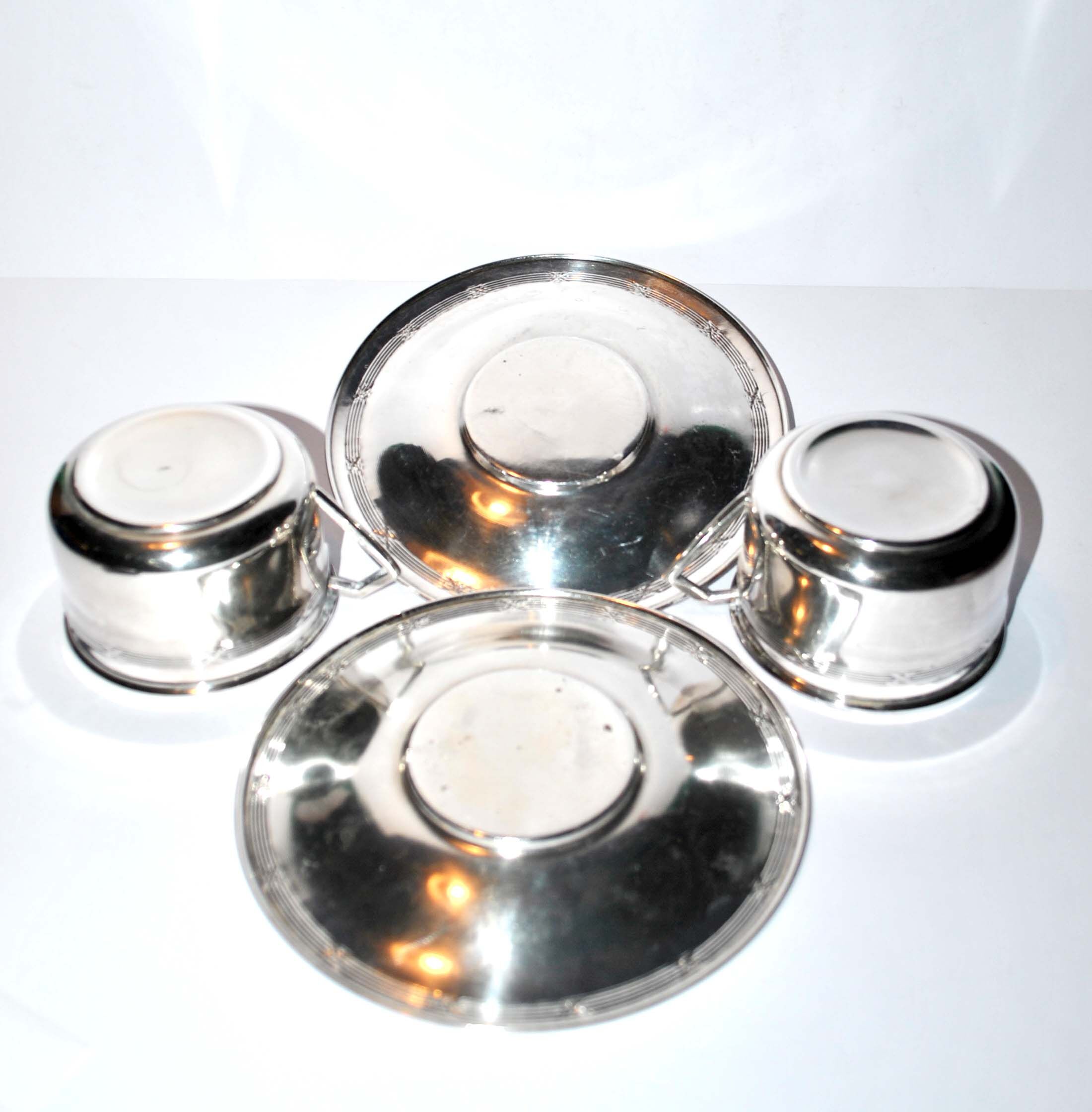 Set of 2 coffee cups Antique ribbons in silver metal Goldsmith Weinthal Georges