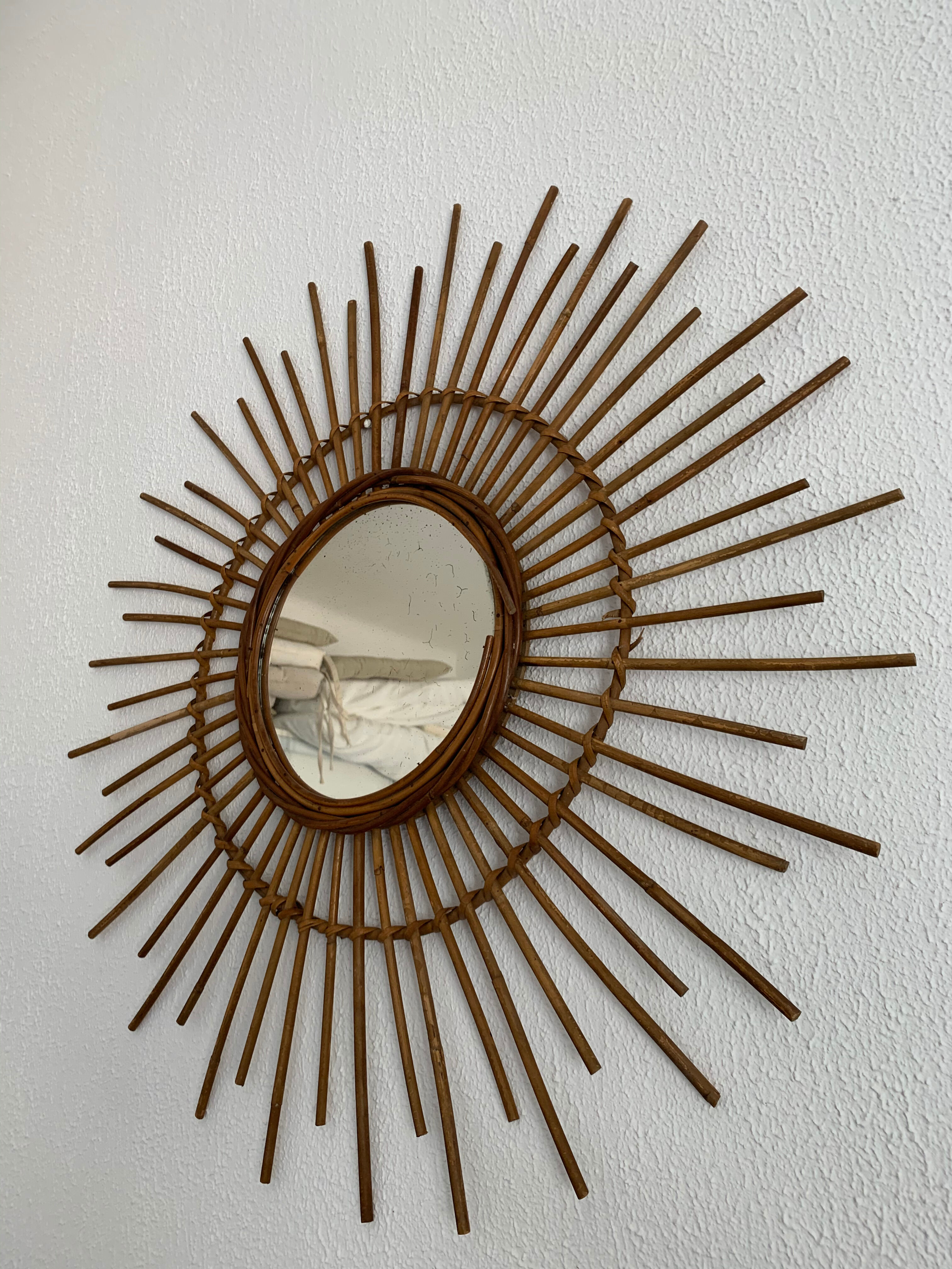 Miroir vintage 1960 soleil rotin - 78 cm