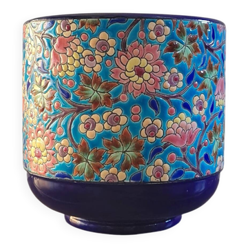 Cache-pot in Longwy enamel, cloisonné decoration in royal blue and floral design.