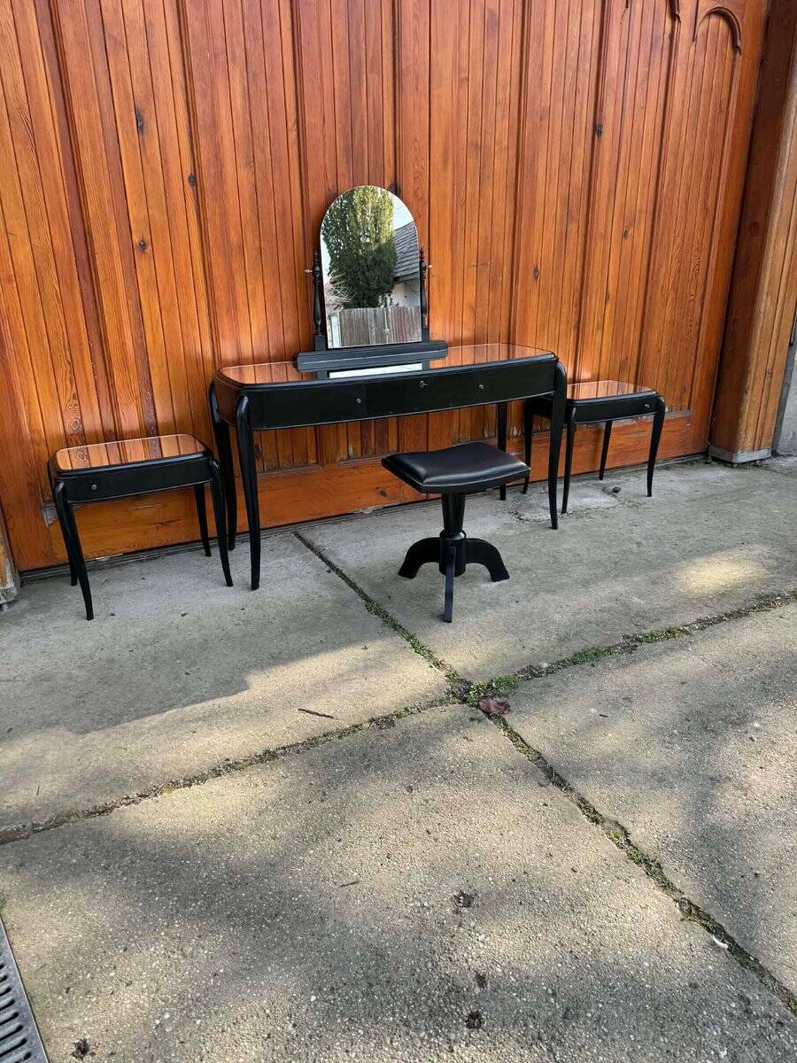 Art Deco French Black Dressing Table, Chair &amp; Nightstands, Set of 4