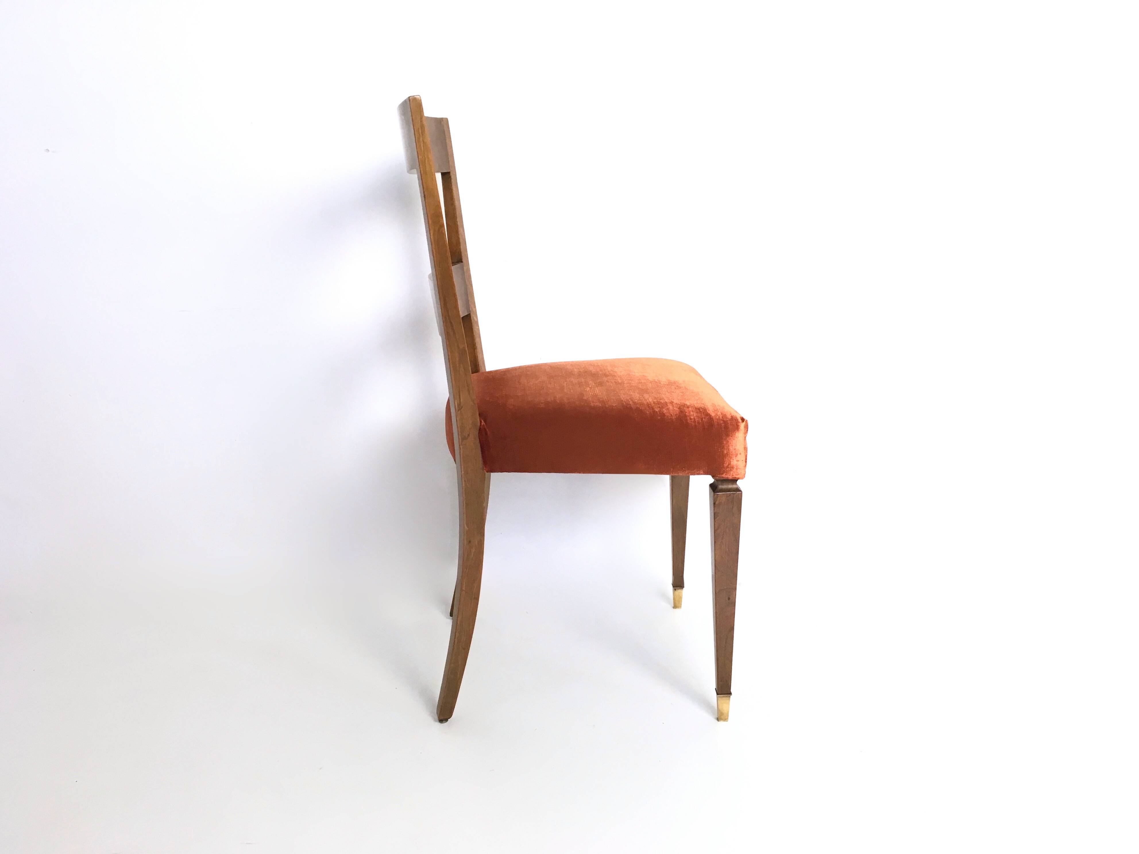 Set of Ten Orange Fabric Upholstery and Walnut Dining Chairs, Italy