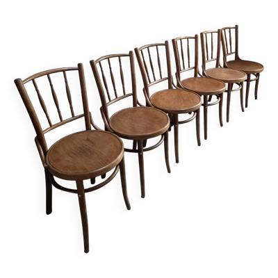 6 chaises bistrot en bois courbé Fischel, Tchécoslovaquie, vers 1930–1950
