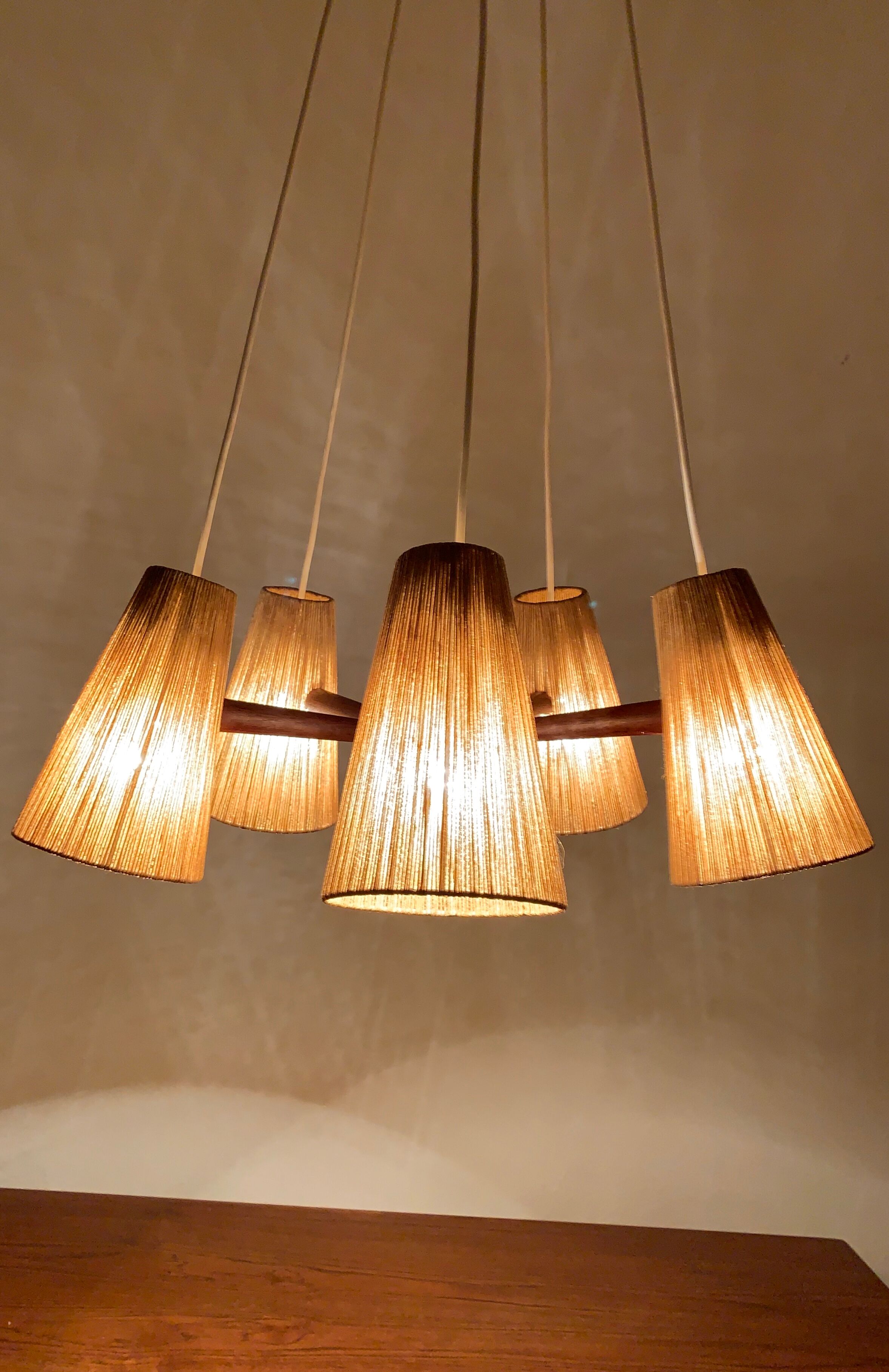 Teakwood and raffia bast chandelier by Temde