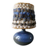 Blue stoneware lamp with wool lampshade, 70s-80s