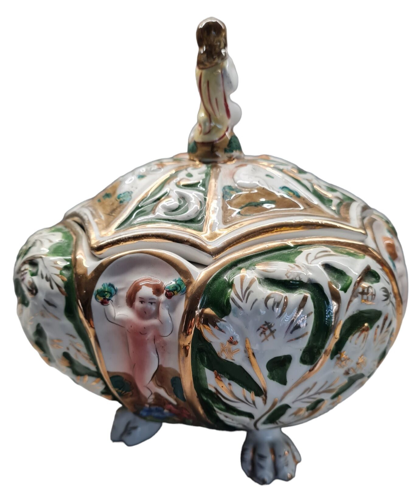 Soupière sur pied de lion en céramique Italienne, style antique capodimonte