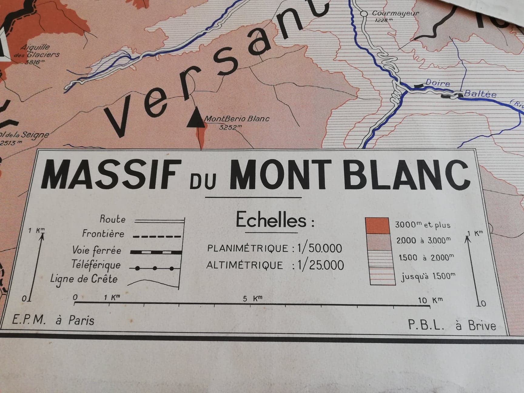 Vintage school geography map Massif du Mont Blanc