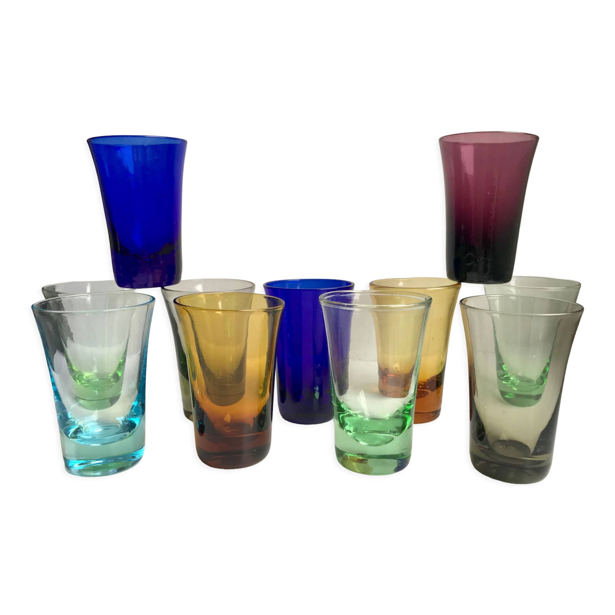 Set of 11 colored glass shot glasses 70s