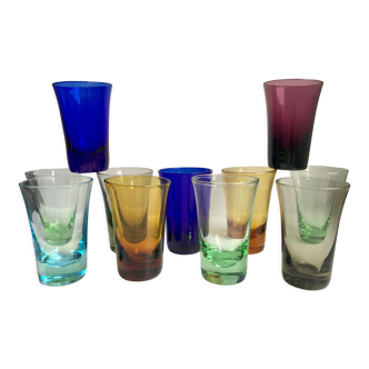 Set of 11 colored glass shot glasses 70s