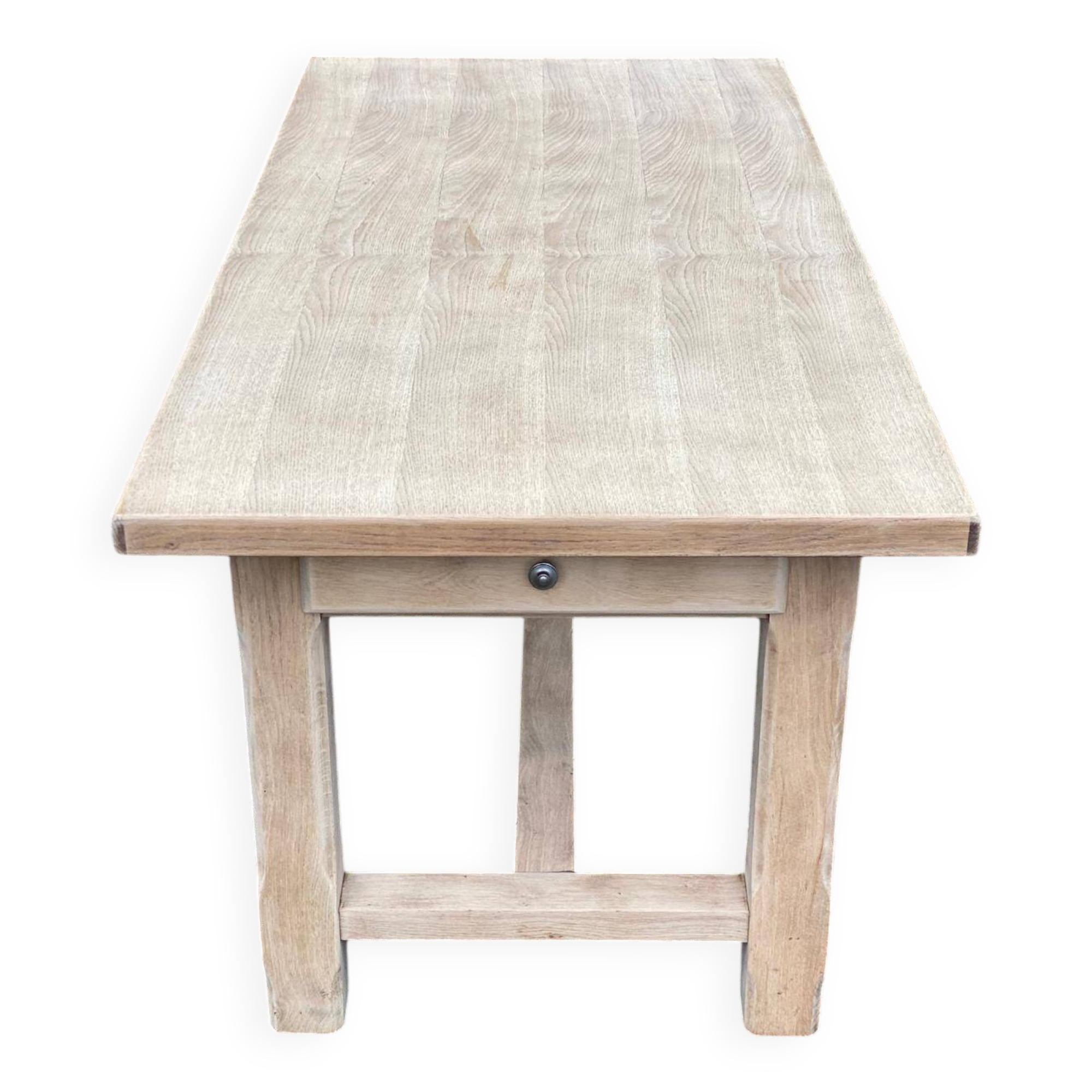 Table à manger de ferme rénovée en chêne brut du XXème 180cm avec tiroir