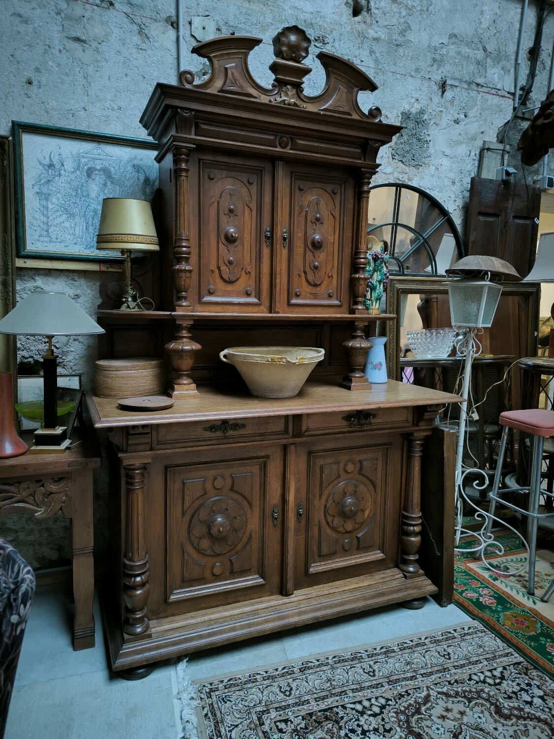 Two-part solid oak buffet circa 1880