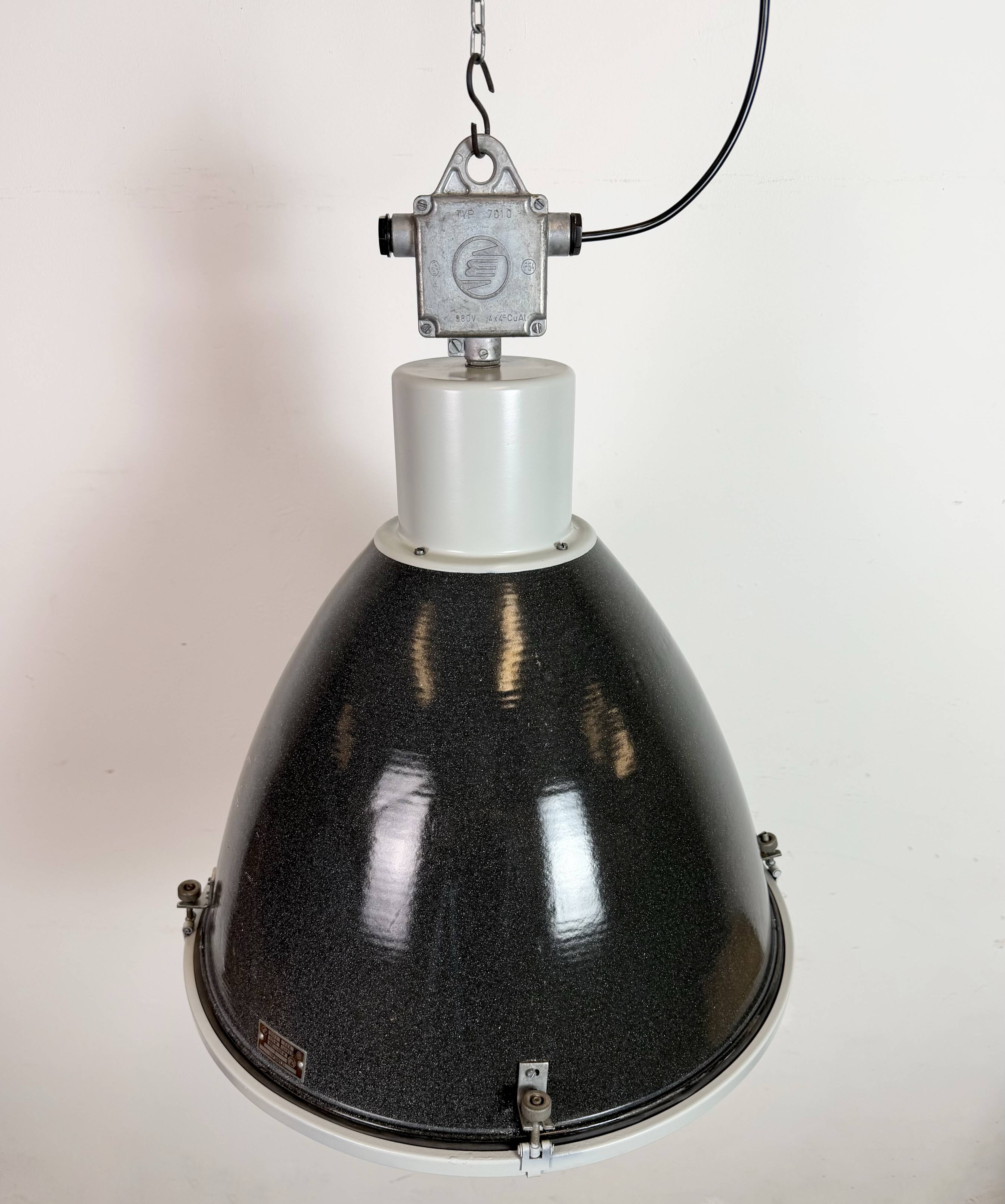 Large Industrial Enamel Factory Pendant Lamp with Glass Cover, 1960s