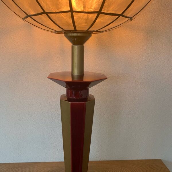 ▪️Lampe Vintage Le Dauphin Céramique Bordeau Et Or Et Abat Jour Nacre Art Deco