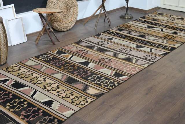 1970s Turkish Oushak Handmade Wool Cotton Brown Kilim Runner Rug 114x452