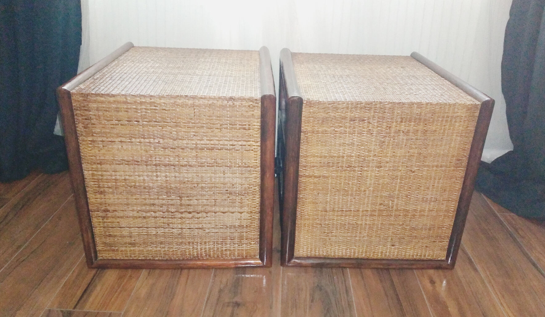 Pair of rattan and bamboo bedside tables, vintage