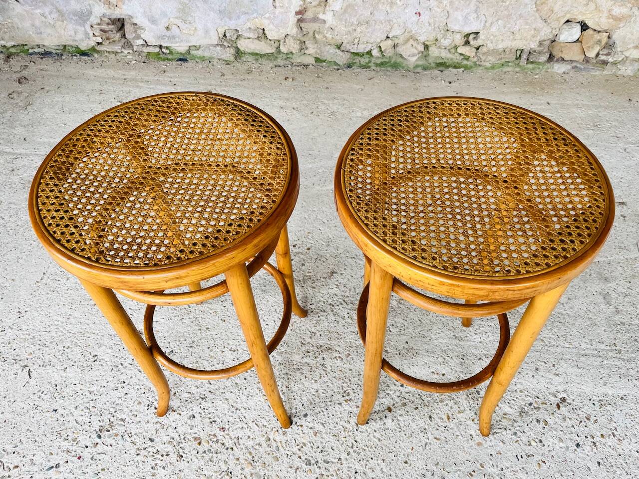 Pair of vintage bar stools, curved wood and cane